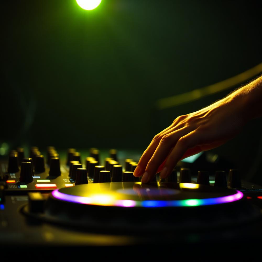 Mãos de DJ sobre a mesa de mixagem iluminada
