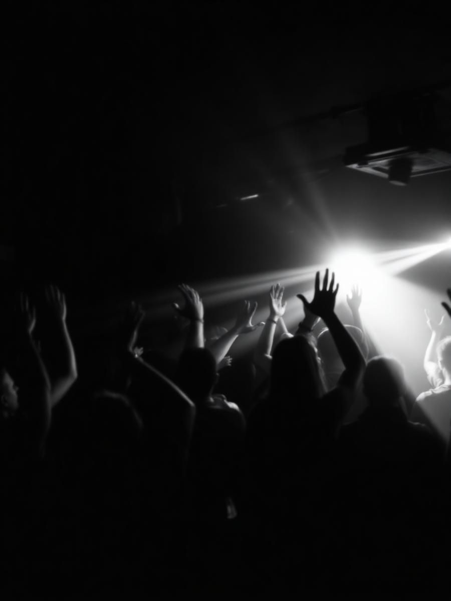 Público de mãos levantadas sob feixes de luz em uma pista de dança